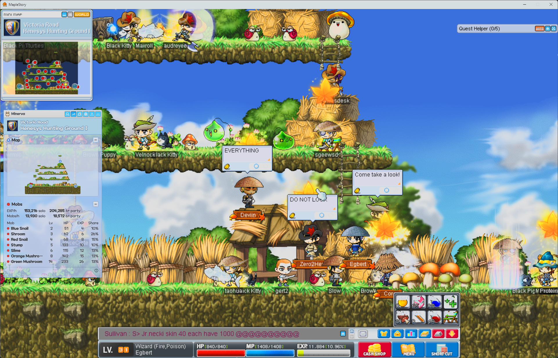 MapleStory on Henesys Hunting Ground I, with the Minerva panel inside the game window, dragged under the minimap: the map's picture, its EXP and mobs per hour and all seven of its mobs.