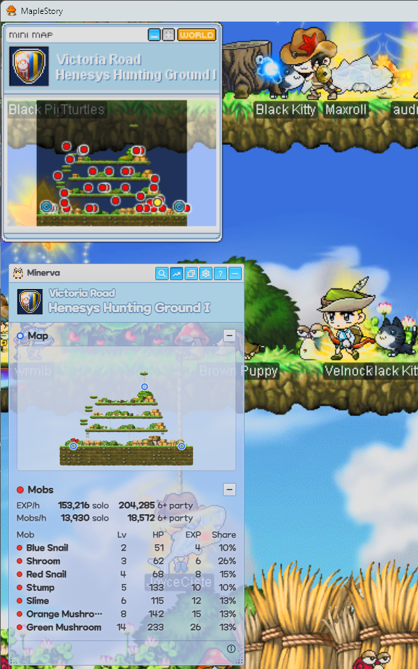 MapleStory's minimap on Victoria Road, Henesys Hunting Ground I, and under it the Minerva panel naming the same map beside Henesys's shield, its Map Mark: its picture with every portal ringed, then the map's EXP and mobs per hour and all seven of its mobs.