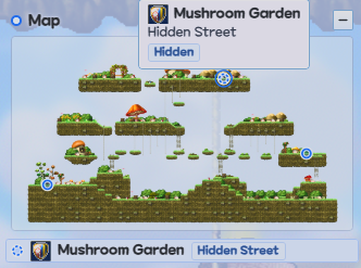 The Map section with the pointer on a dashed ring: its card says it leads to Mushroom Garden, a Hidden Street, through a hidden portal, and the Hidden Portal's row sits under the picture, each with Mushroom Garden's Map Mark.